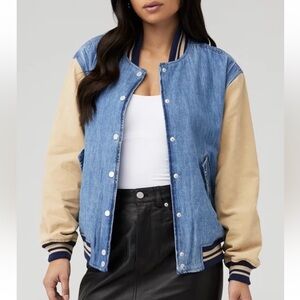 Free People X Blank NYC Crash Course Denim Khaki Varsity Bomber Jacket Size Sm